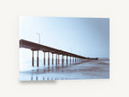 Pier in Blue Haze, long pier misty beach photograph, coastal canvas wall art print ready to hang