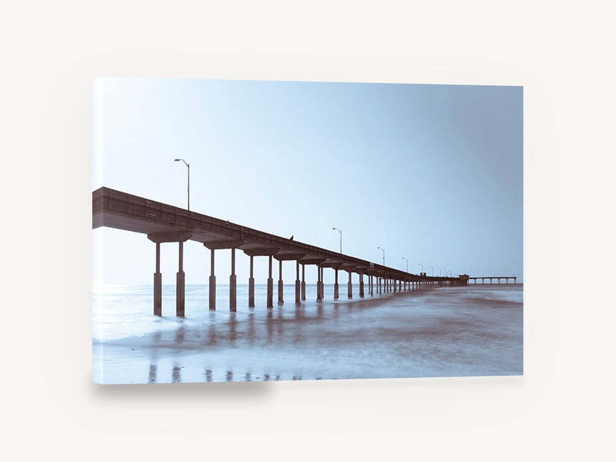 Pier in Blue Haze, long pier misty beach photograph, coastal canvas wall art print ready to hang