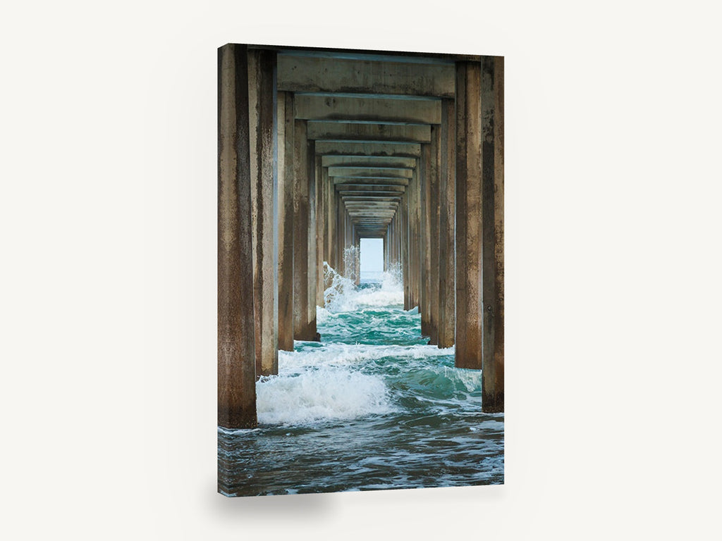 Under the Pier, pier pylons ocean waves photograph, coastal canvas wall art print ready to hang
