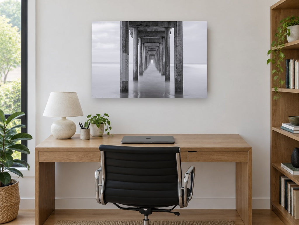 Silent Pier Corridor coastal canvas print on the wall of a study