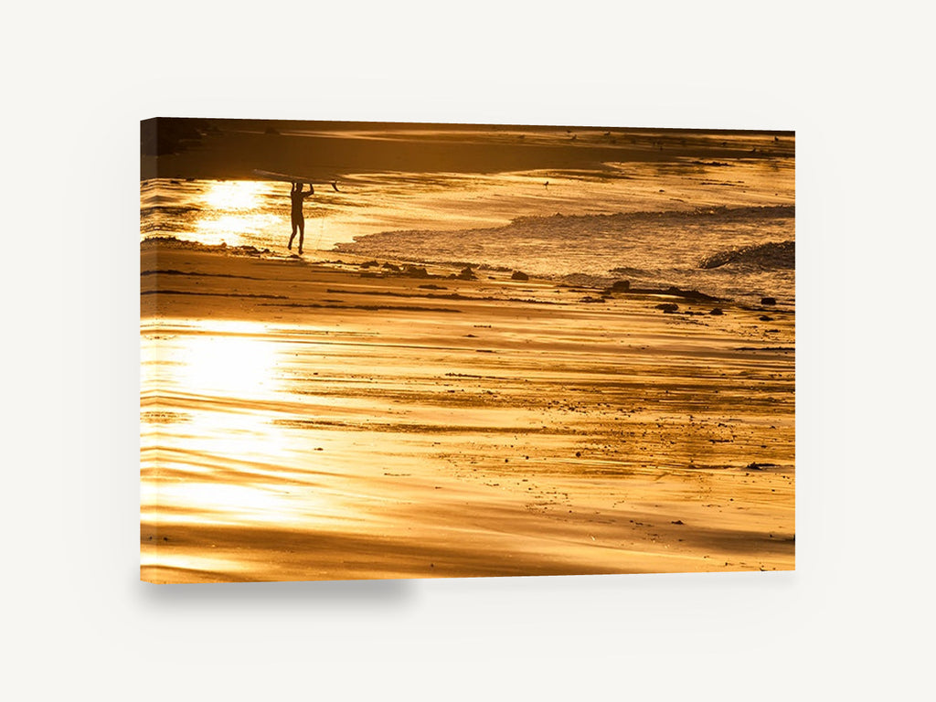 Golden Hour Surfer, surfer walking golden beach photograph, coastal canvas wall art print ready to hang