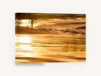 Golden Hour Surfer, surfer walking golden beach photograph, coastal canvas wall art print ready to hang