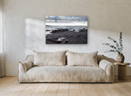 Honu on Black Sand coastal canvas print on the wall of a living room