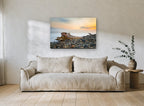 Driftwood at Dusk coastal canvas print on the wall of a living room
