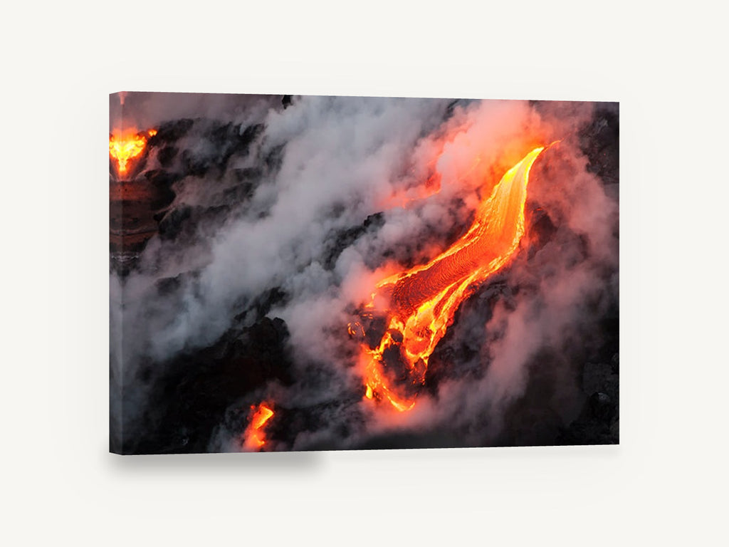 Molten River, glowing lava flow steam photograph, landscape canvas wall art print ready to hang