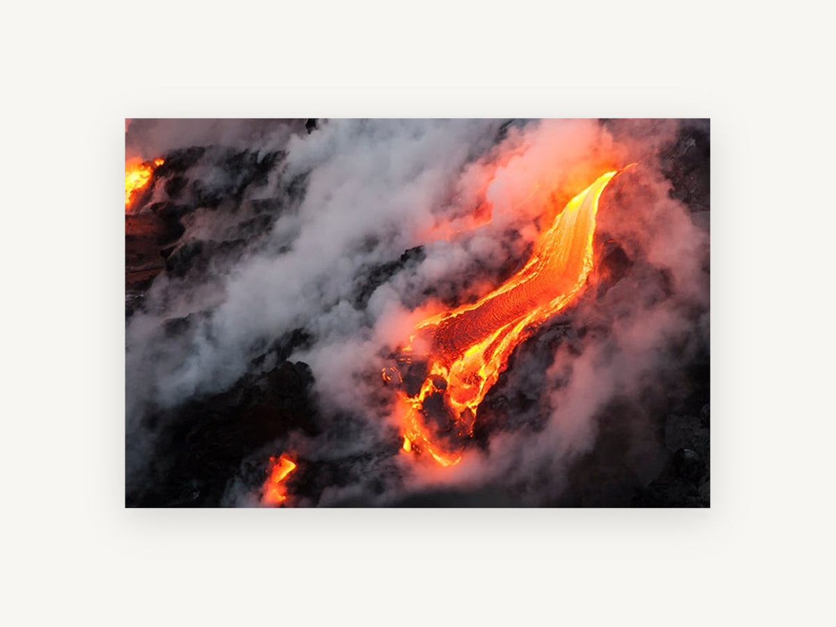 Molten River, glowing lava flow steam photograph, landscape canvas wall art print, front view