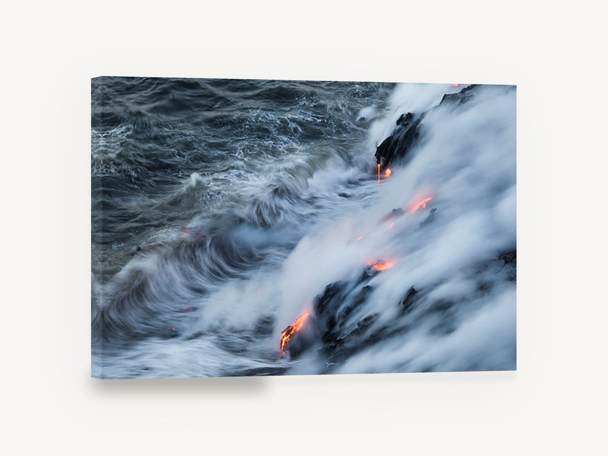 Lava Meets Sea, lava entering ocean steam photograph, coastal canvas wall art print ready to hang