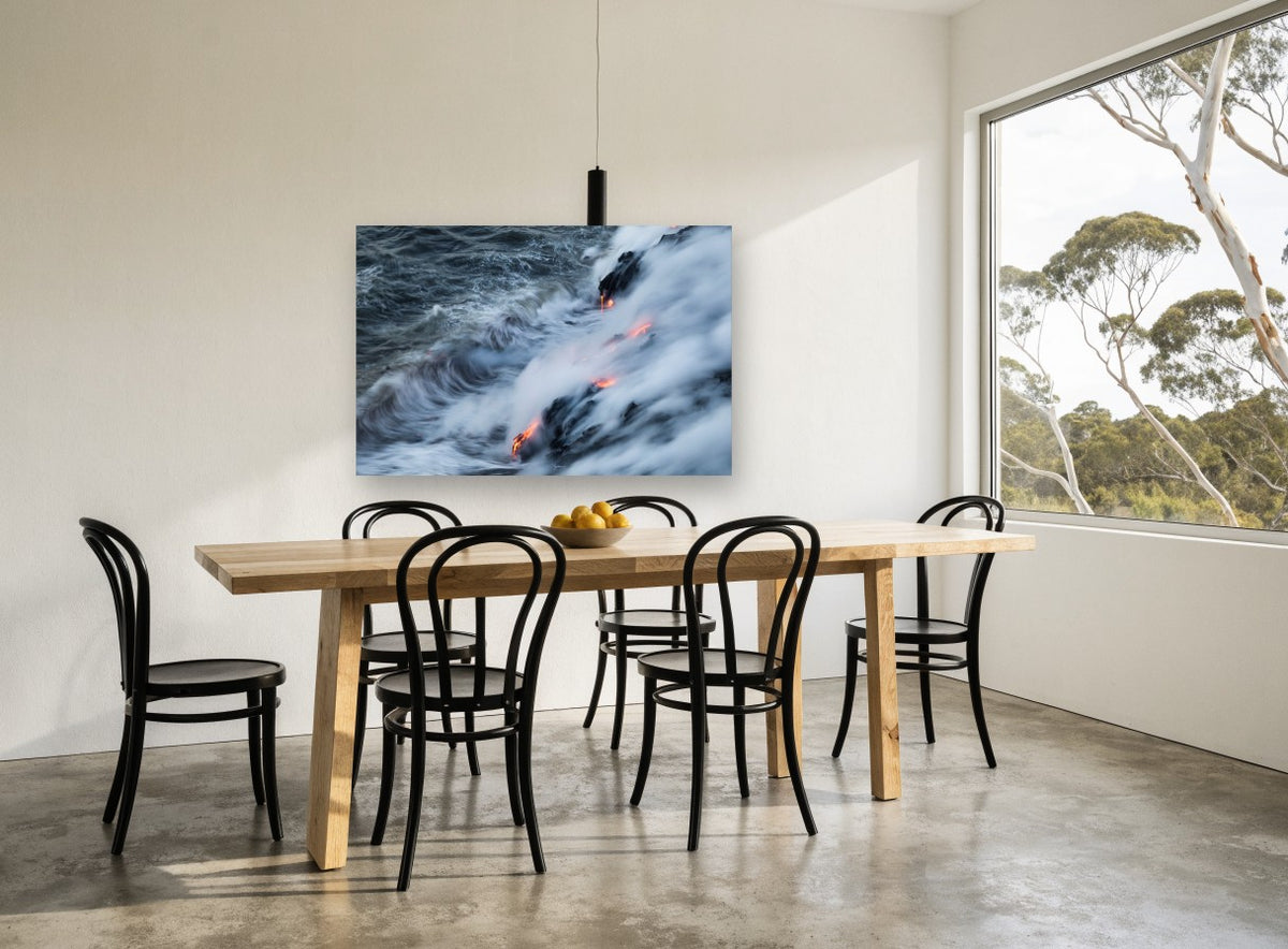 Lava Meets Sea coastal canvas print on the wall of a dining room