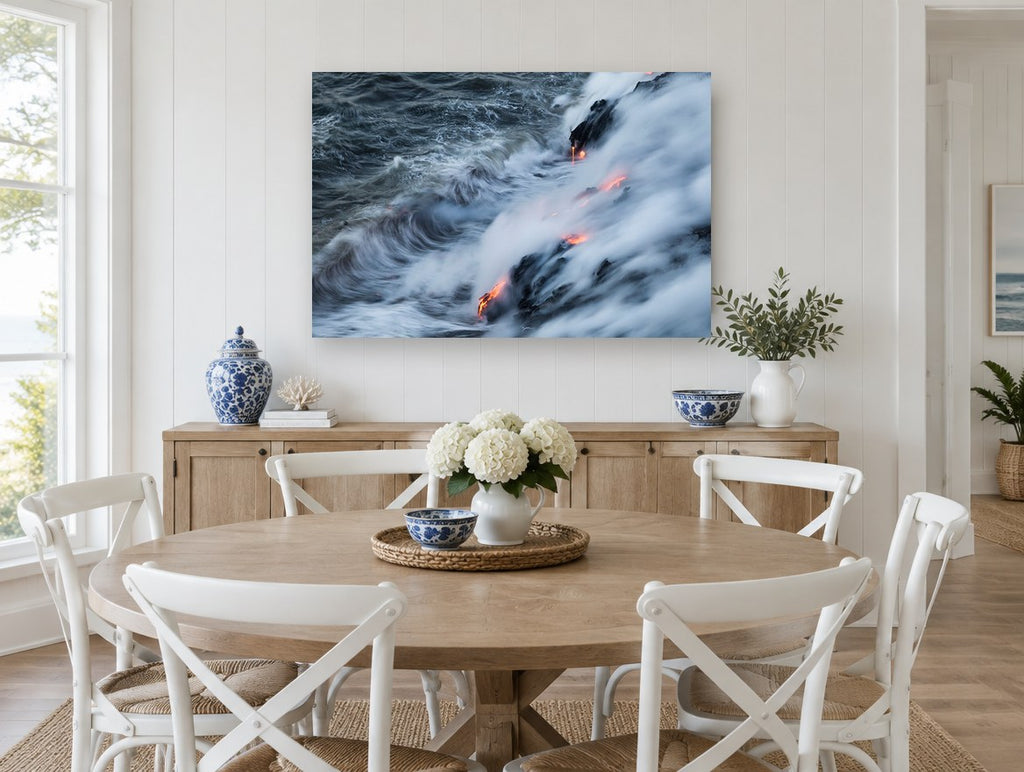 Lava Meets Sea coastal canvas print on the wall of a Hamptons dining room