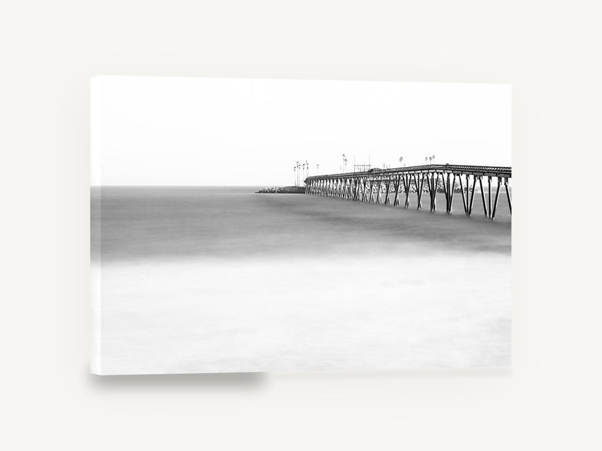 Misted Pier Horizon, long exposure pier black and white, coastal canvas wall art print ready to hang