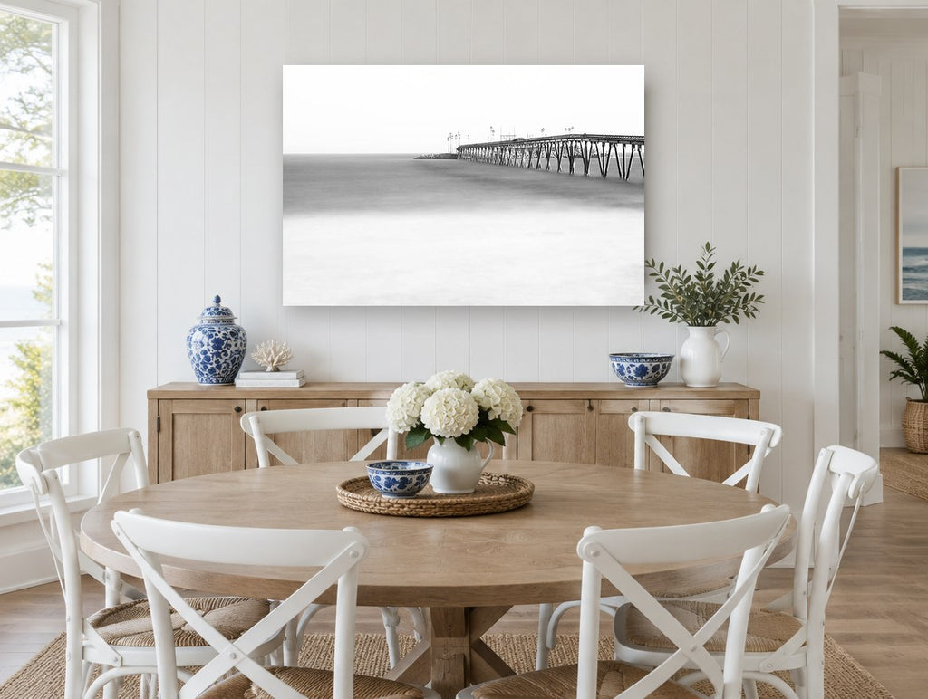 Misted Pier Horizon coastal canvas print on the wall of a Hamptons dining room