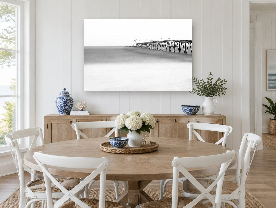 Misted Pier Horizon coastal canvas print on the wall of a Hamptons dining room
