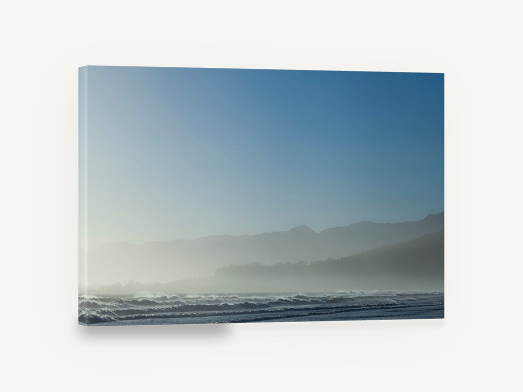 Blue Misty Shoreline, misty coastal hills ocean photograph, coastal canvas wall art print ready to hang