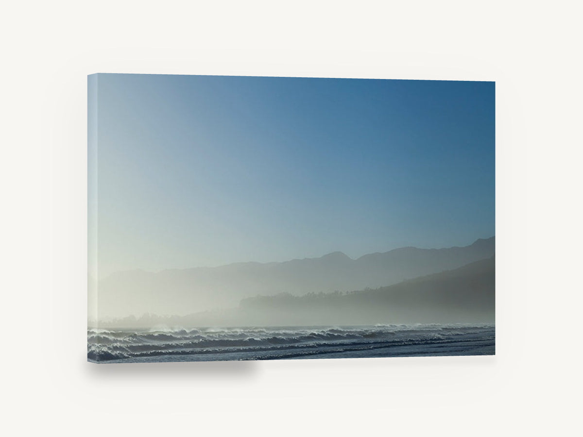 Blue Misty Shoreline, misty coastal hills ocean photograph, coastal canvas wall art print ready to hang
