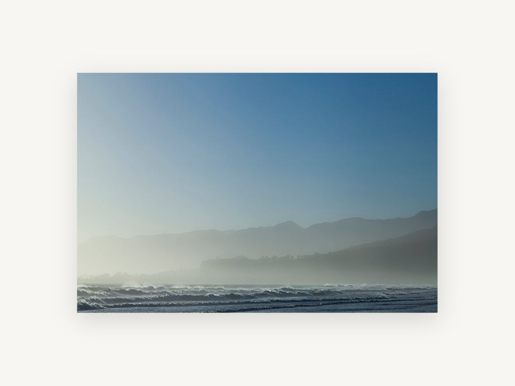 Blue Misty Shoreline, coastal canvas wall art print, front view