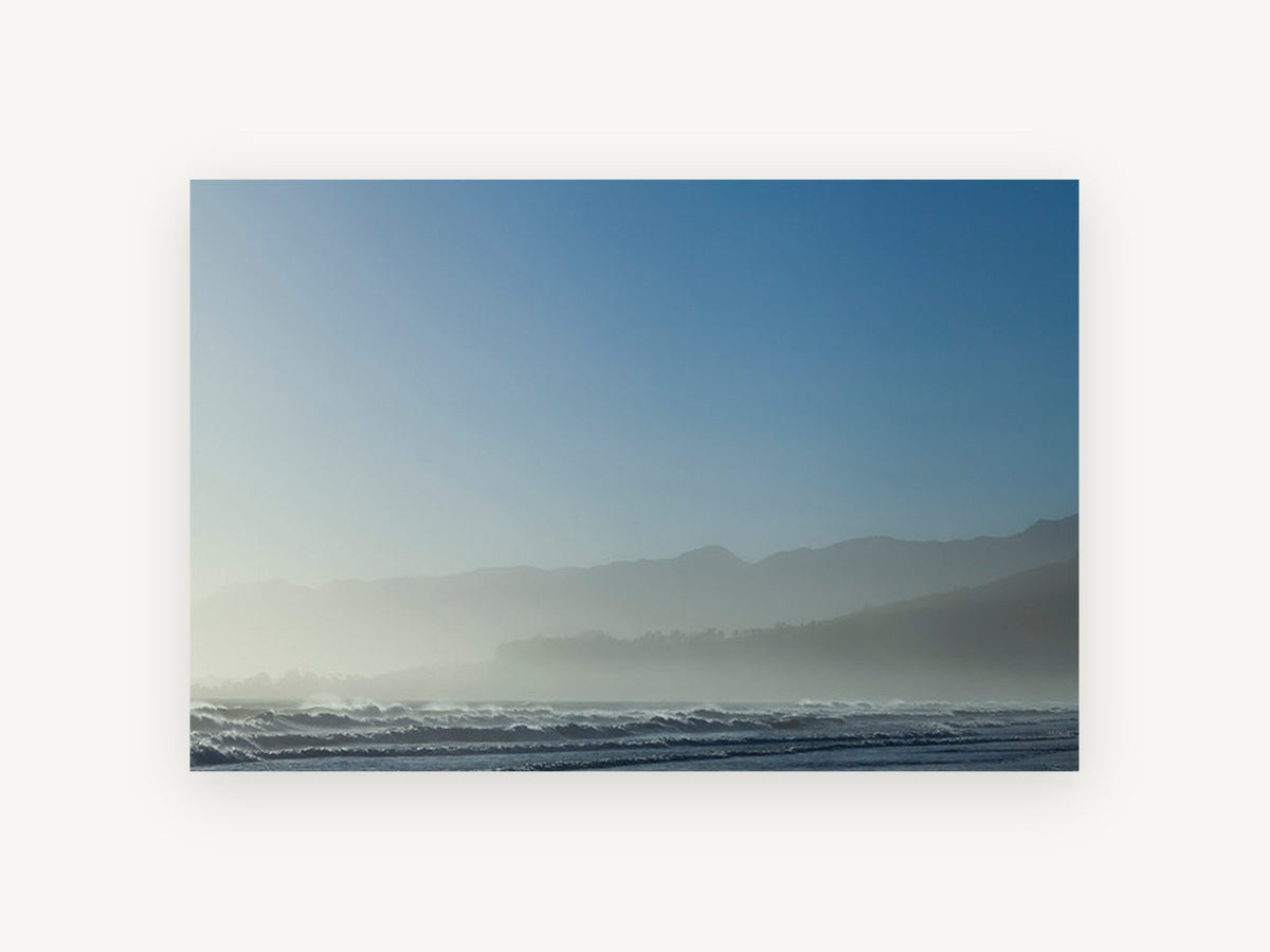 Blue Misty Shoreline, coastal canvas wall art print, front view