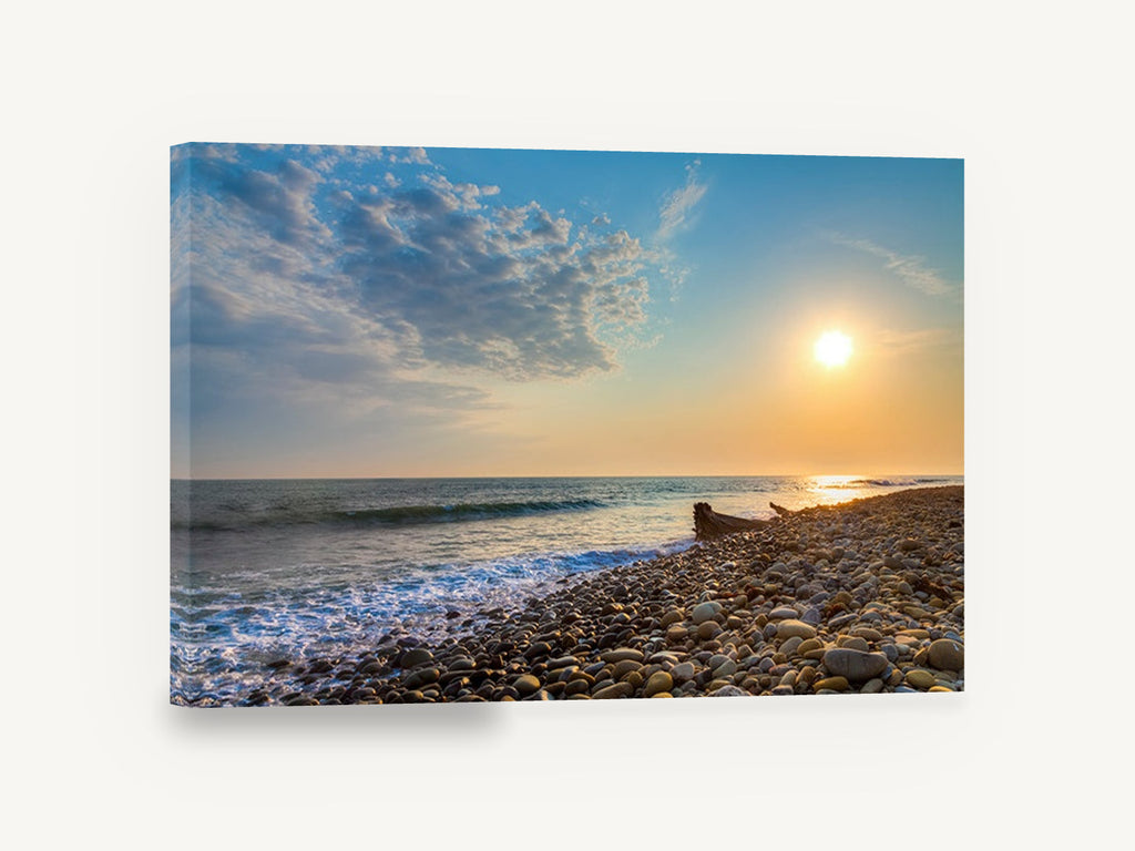 Pebble Shore Sunset, pebble beach sunset seascape photograph, coastal canvas wall art print ready to hang