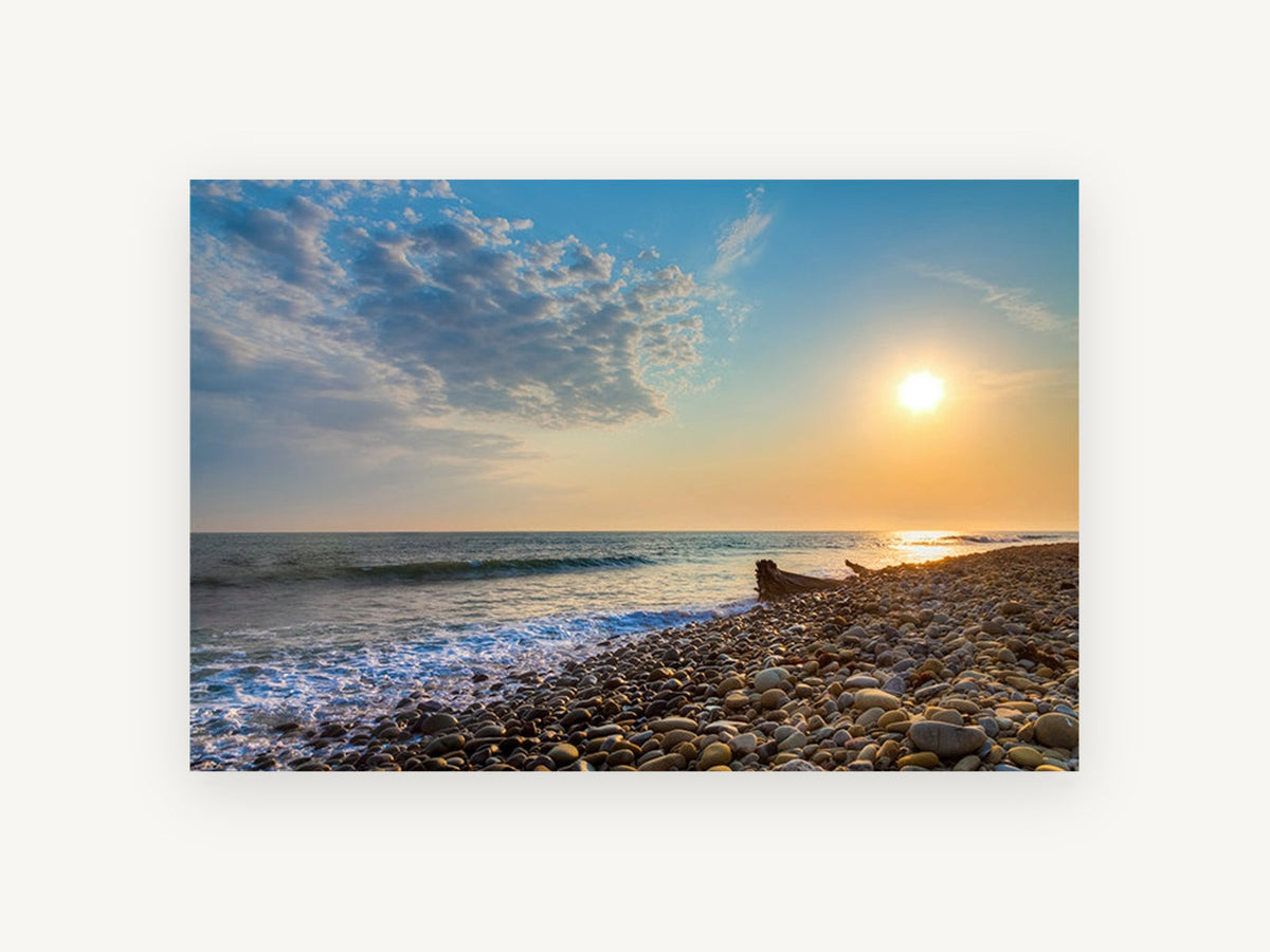 Pebble Shore Sunset, coastal canvas wall art print, front view