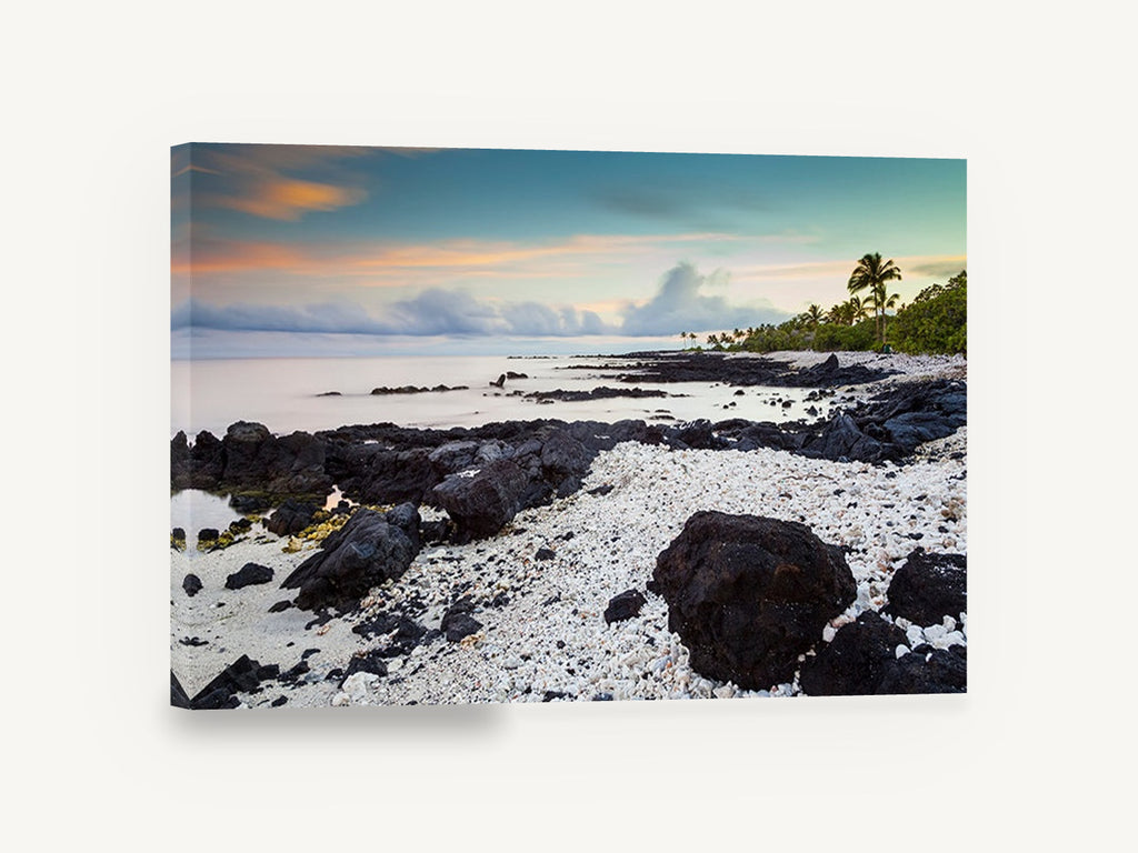 Coral Shore Dawn, waikoloa lava rock beach photograph, coastal canvas wall art print ready to hang