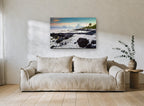 Coral Shore Dawn coastal canvas print on the wall of a living room