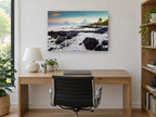 Coral Shore Dawn coastal canvas print on the wall of a study