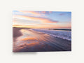 Sunrise Shoreline Glow, pink sunrise beach shoreline photograph, coastal canvas wall art print ready to hang