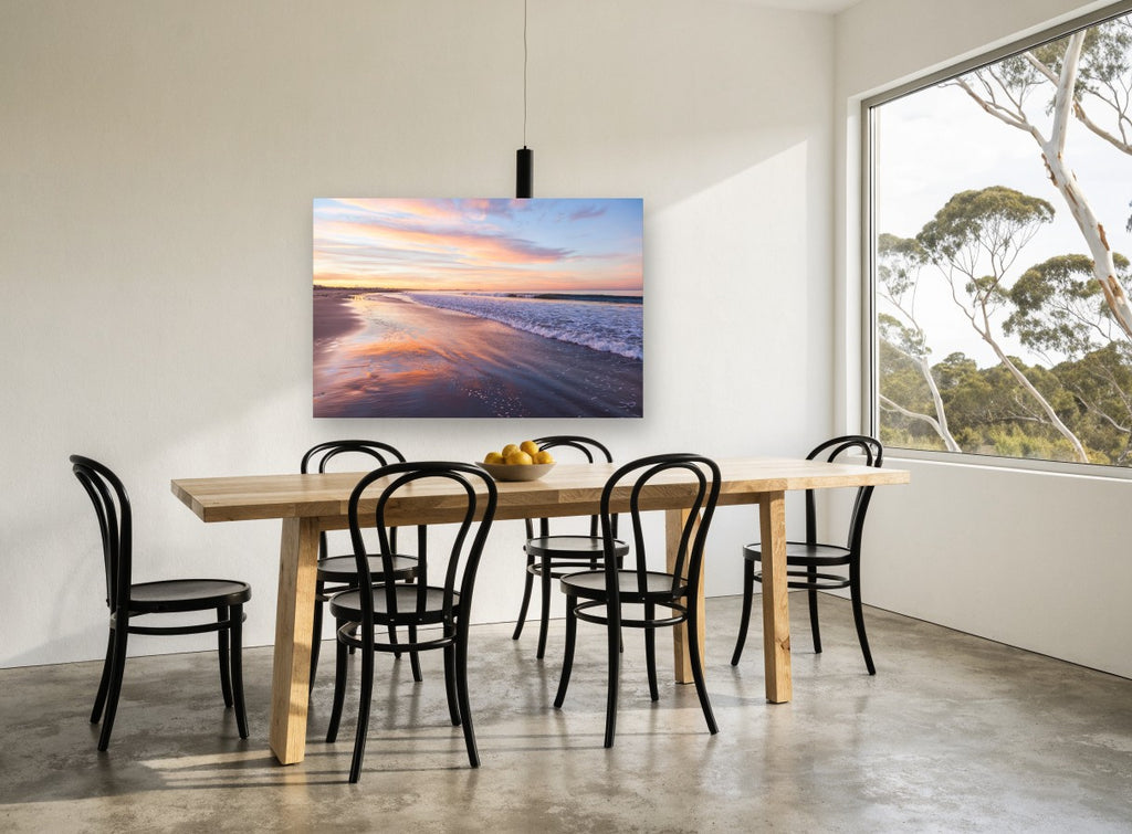 Sunrise Shoreline Glow coastal canvas print on the wall of a dining room