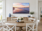 Sunrise Shoreline Glow coastal canvas print on the wall of a Hamptons dining room