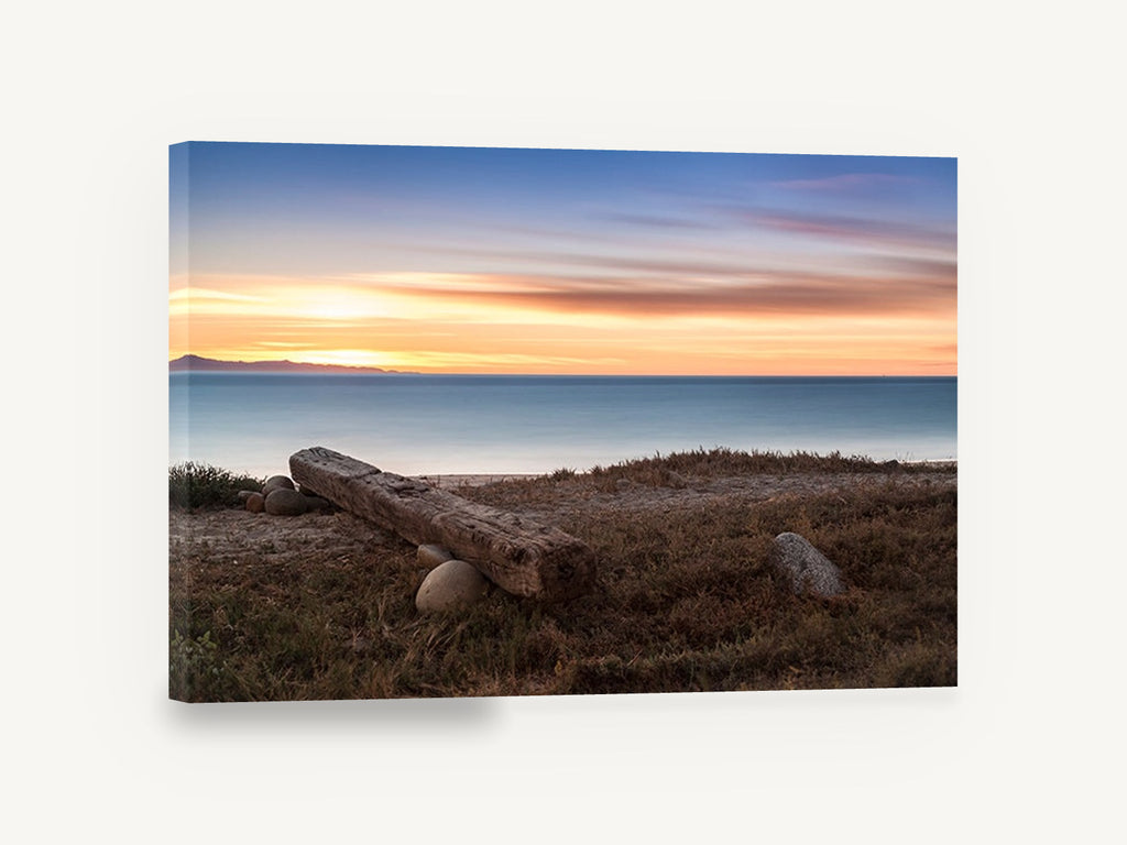 Driftwood Beam at Dusk, driftwood log sunset ocean photograph, coastal canvas wall art print ready to hang