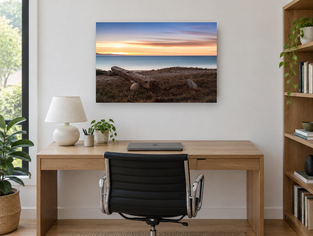Driftwood Beam at Dusk coastal canvas print on the wall of a study