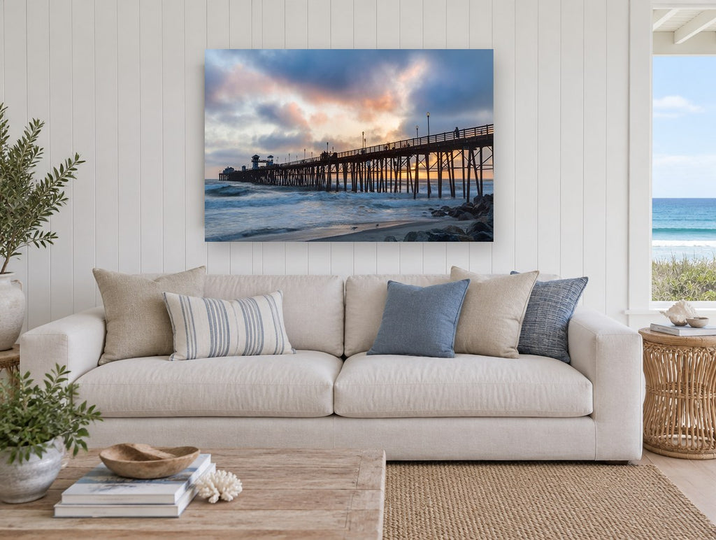 Pier at Dusk Drama coastal canvas print on the wall of a beach house living room
