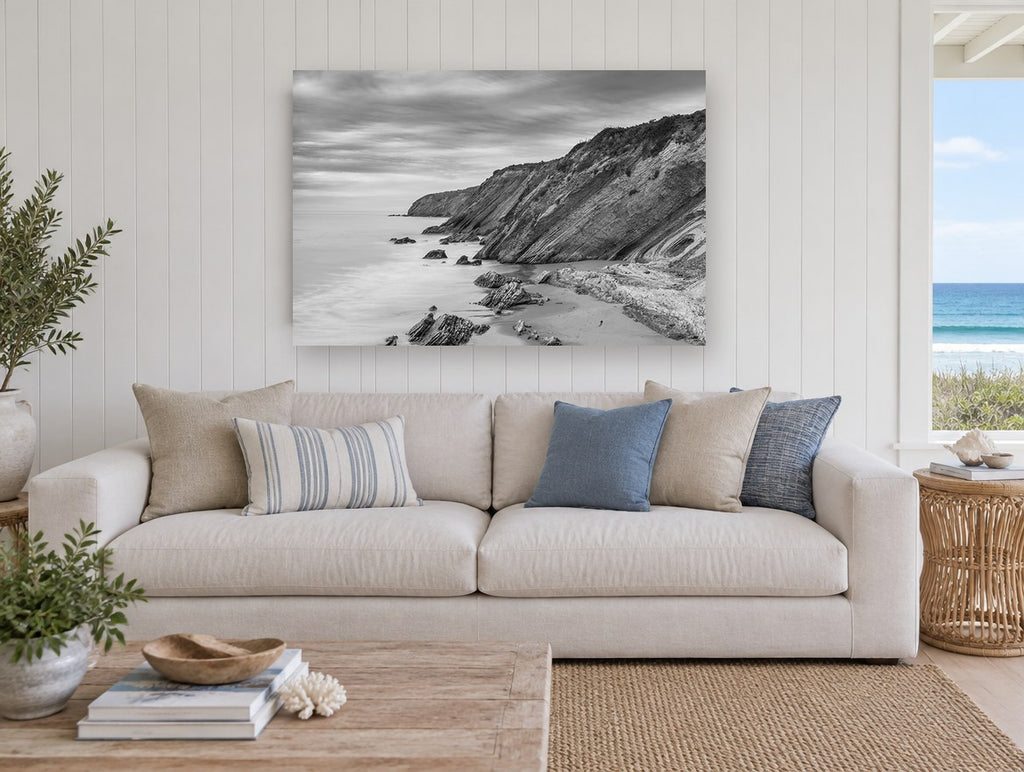 Gaviota Cliffs at Dusk coastal canvas print on the wall of a beach house living room