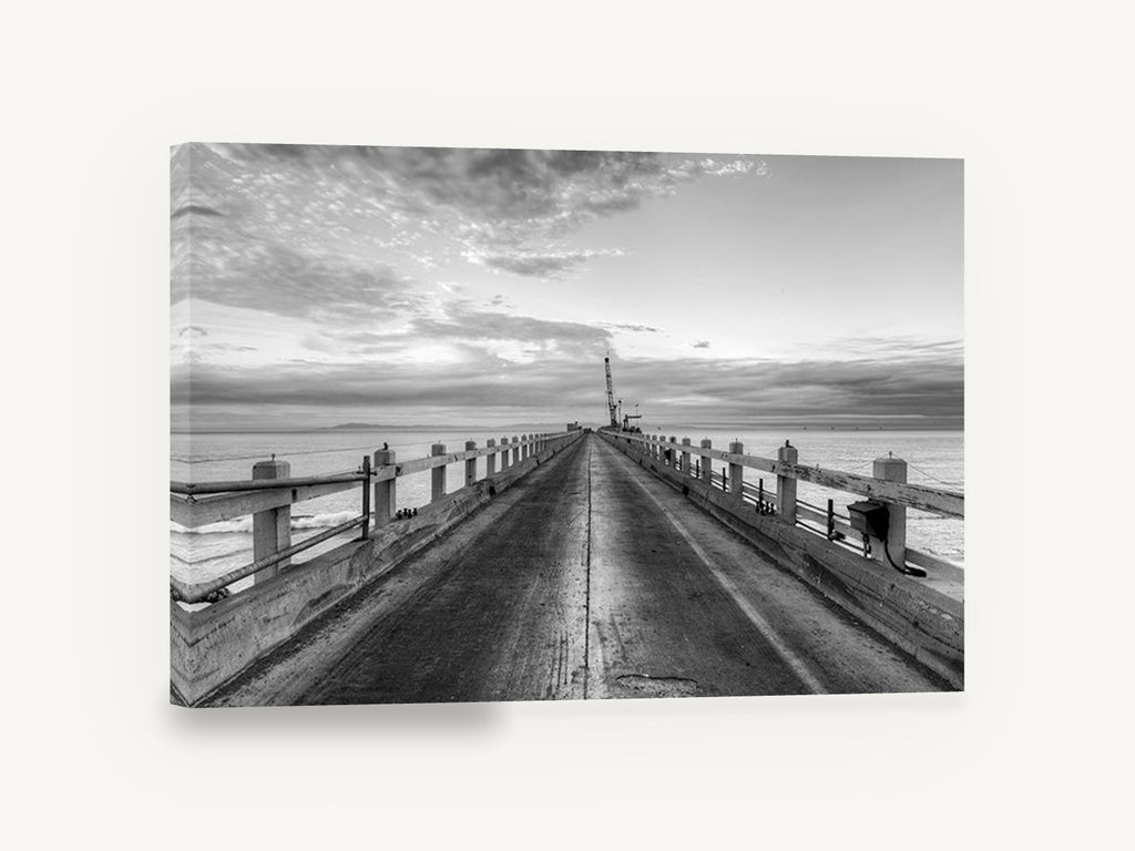 Pier Toward the Crane, long pier black and white photograph, coastal canvas wall art print ready to hang