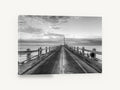 Pier Toward the Crane, long pier black and white photograph, coastal canvas wall art print ready to hang