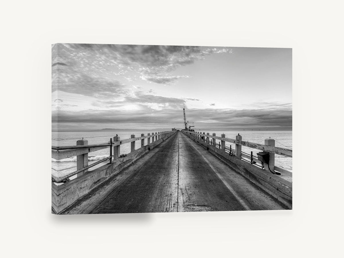 Pier Toward the Crane, long pier black and white photograph, coastal canvas wall art print ready to hang