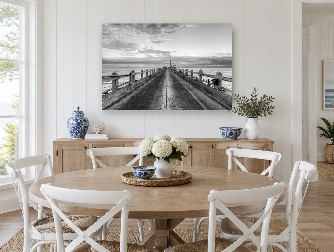 Pier Toward the Crane coastal canvas print on the wall of a Hamptons dining room