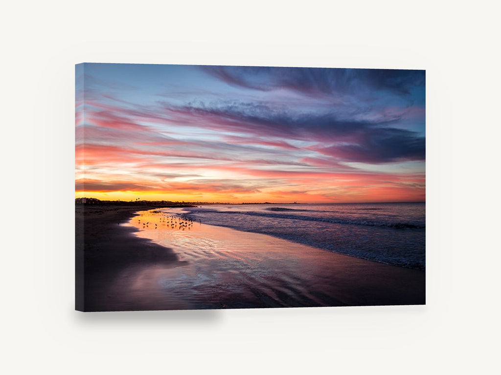 Dusk Shorebirds Glow, sunset beach shorebirds photograph, coastal canvas wall art print ready to hang