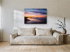 Dusk Shorebirds Glow coastal canvas print on the wall of a living room