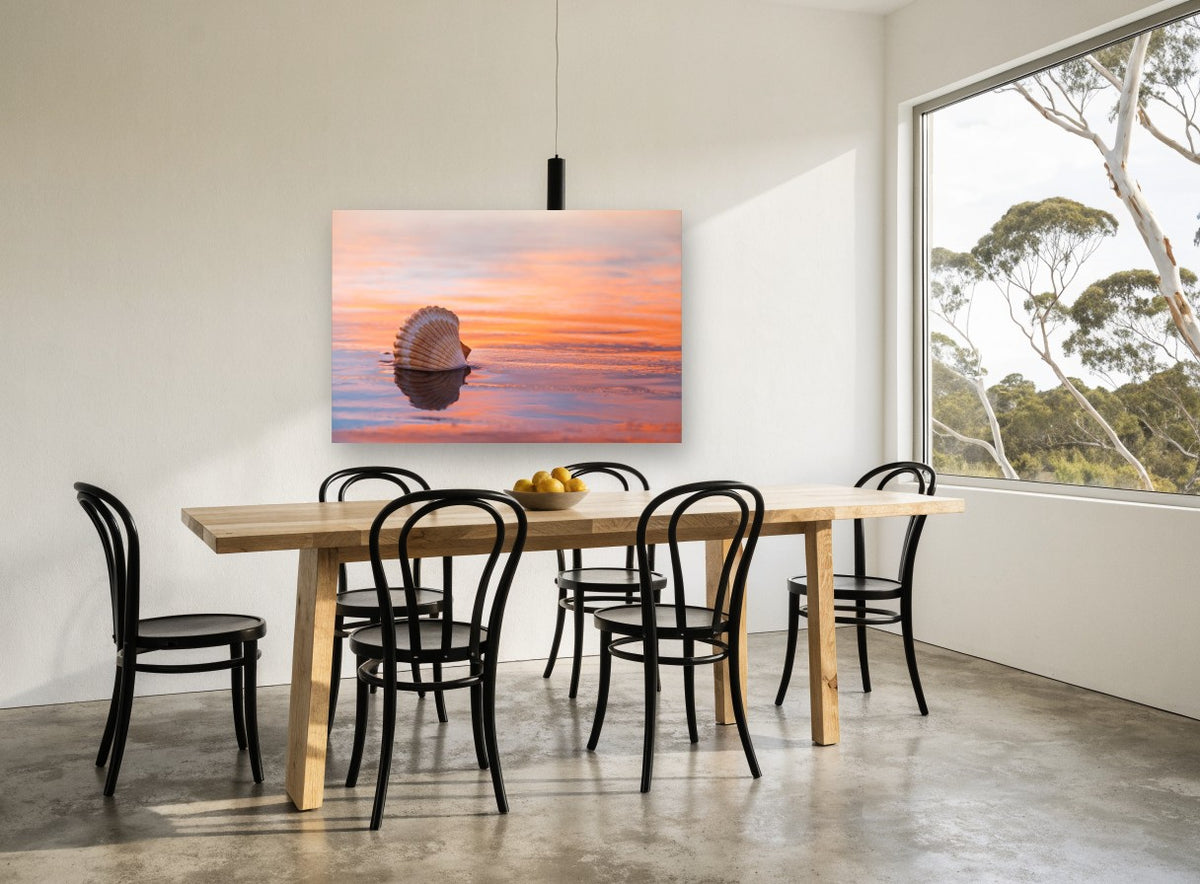 Shell at Sunset Shore coastal canvas print on the wall of a dining room