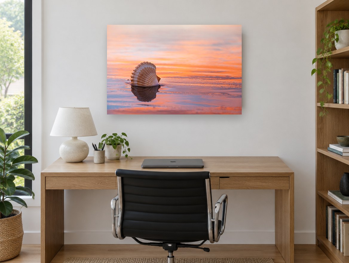 Shell at Sunset Shore coastal canvas print on the wall of a study