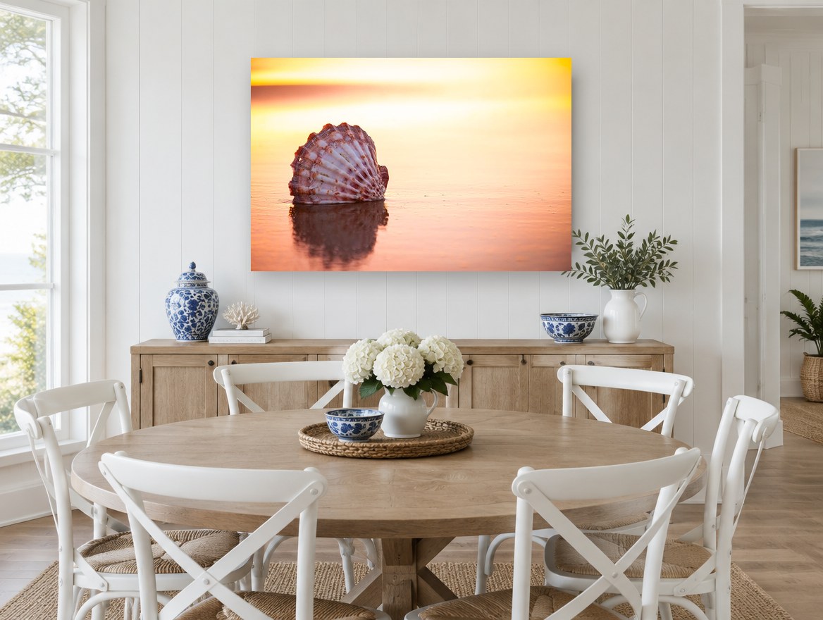 Scallop Shell at Sunrise coastal canvas print on the wall of a Hamptons dining room