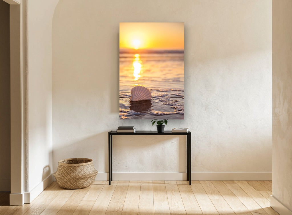 Golden Shoreline Scallop Shell coastal canvas print on the wall of a hallway