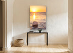 Golden Shoreline Scallop Shell coastal canvas print on the wall of a hallway