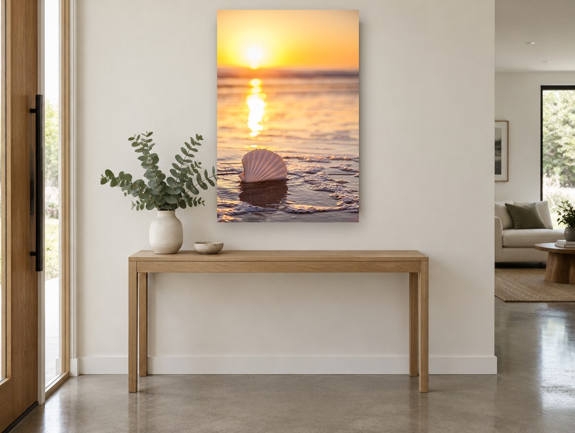 Golden Shoreline Scallop Shell coastal canvas print on the wall of a entry hall