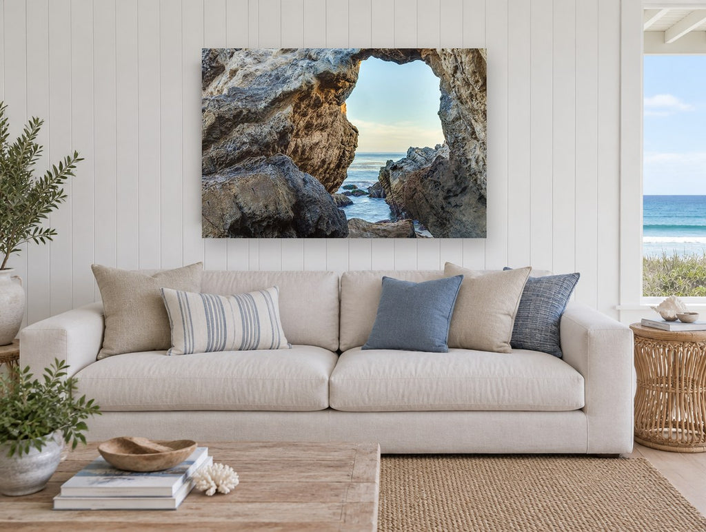 Window to the Sea coastal canvas print on the wall of a beach house living room