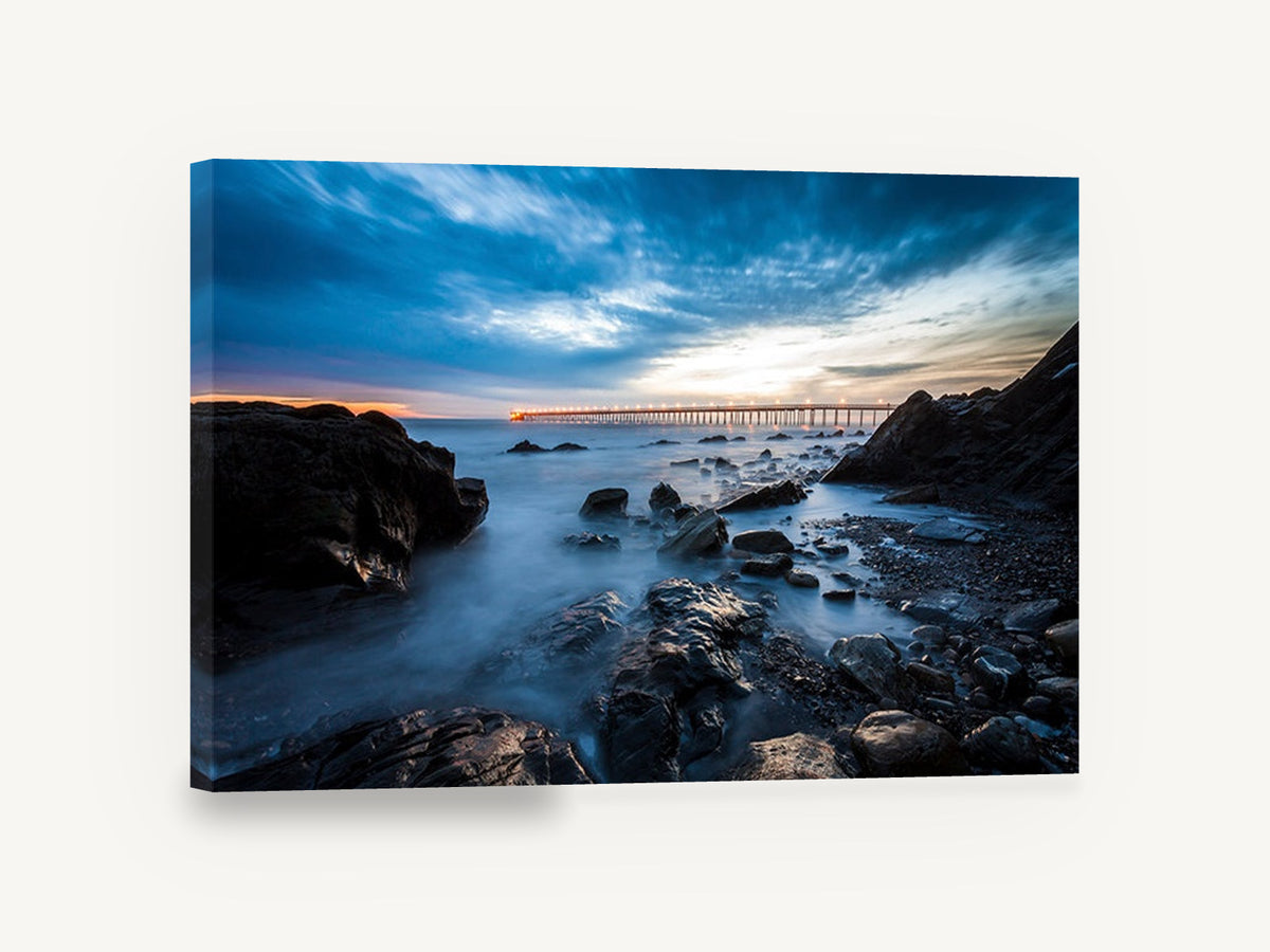 Pier Lights at Dusk, twilight pier rocky shore photograph, coastal canvas wall art print ready to hang