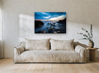 Pier Lights at Dusk coastal canvas print on the wall of a living room