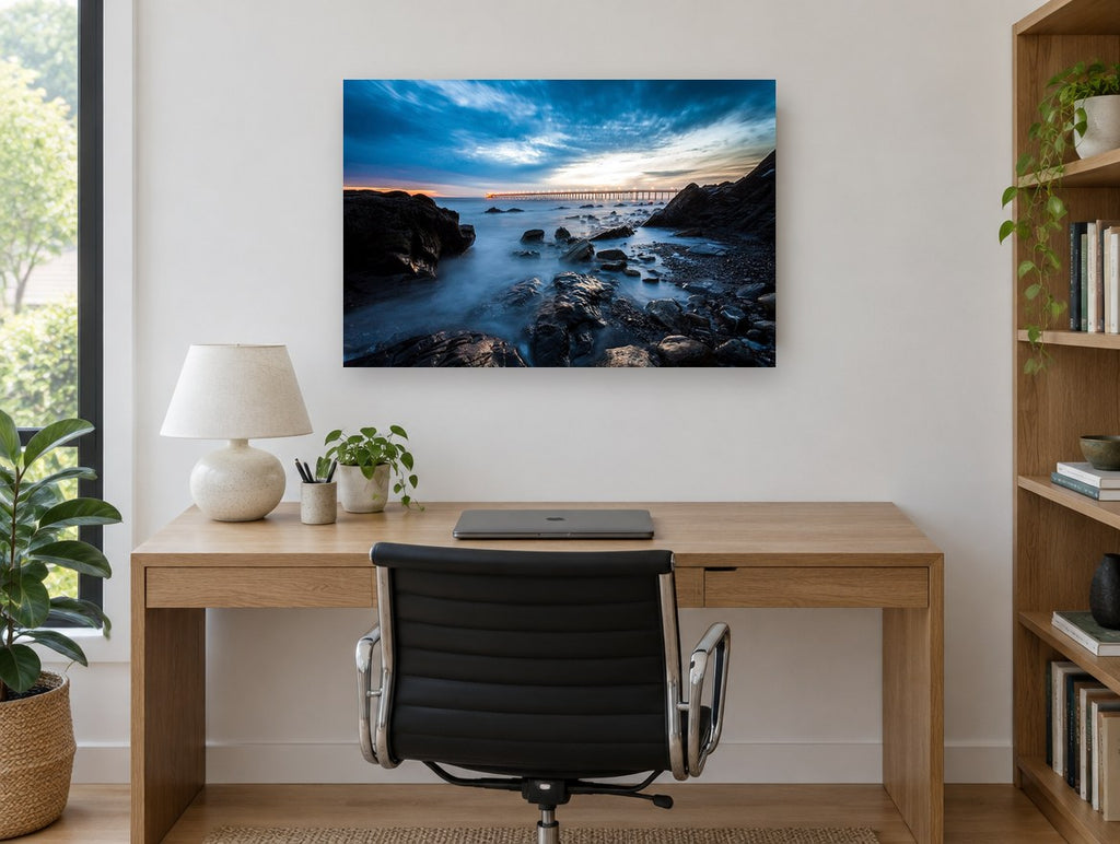 Pier Lights at Dusk coastal canvas print on the wall of a study