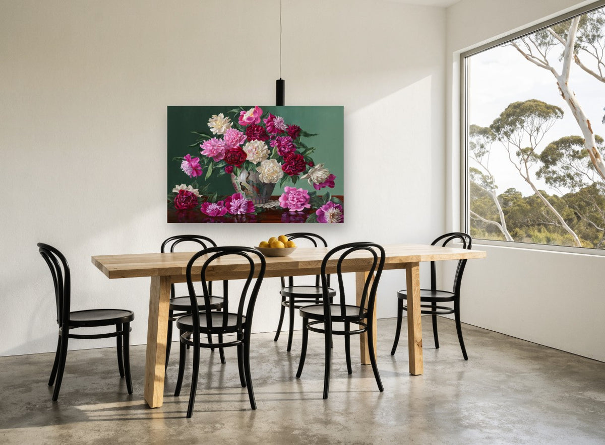 Peonies in Peacock Vase floral canvas print on the wall of a dining room