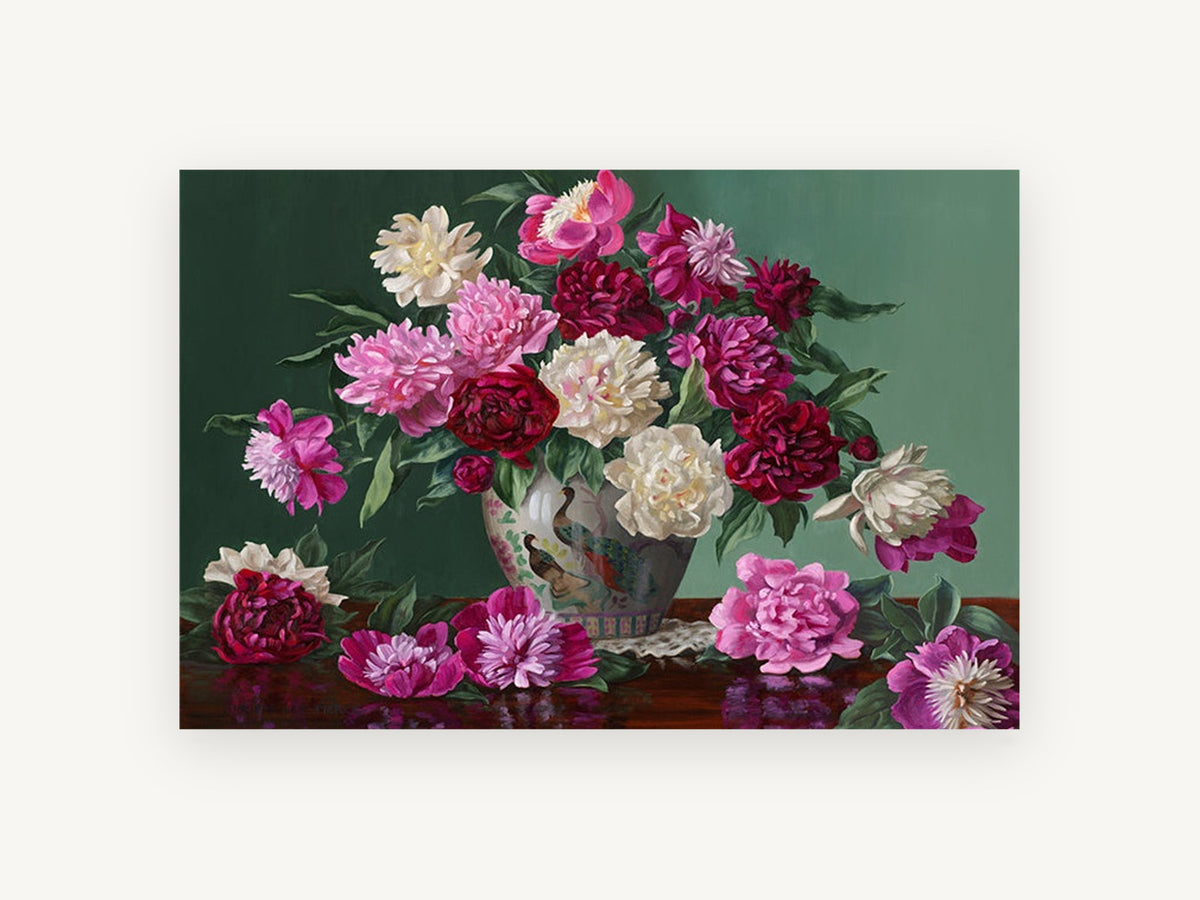 Peonies in Peacock Vase, floral canvas wall art print, front view
